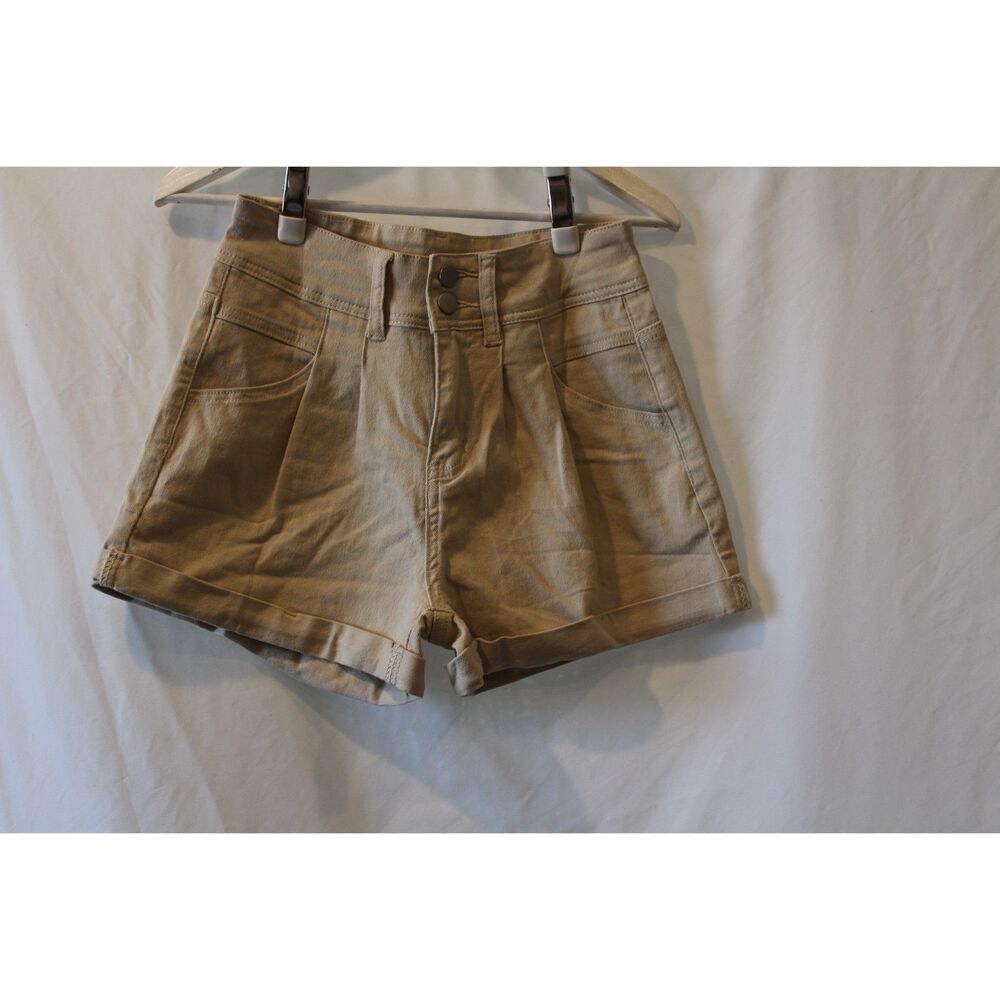 Women‎ High Waisted Khaki Denim Shorts Double Button Pleated Cuffed Tan Size S